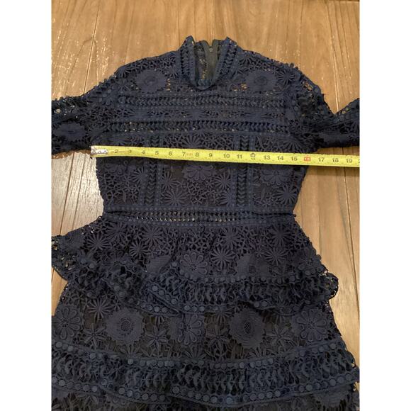 SELF PORTRAIT navy Ava Guipure Lace cut tiered long sleeve Mini Dress size 6 - Picture 8 of 12